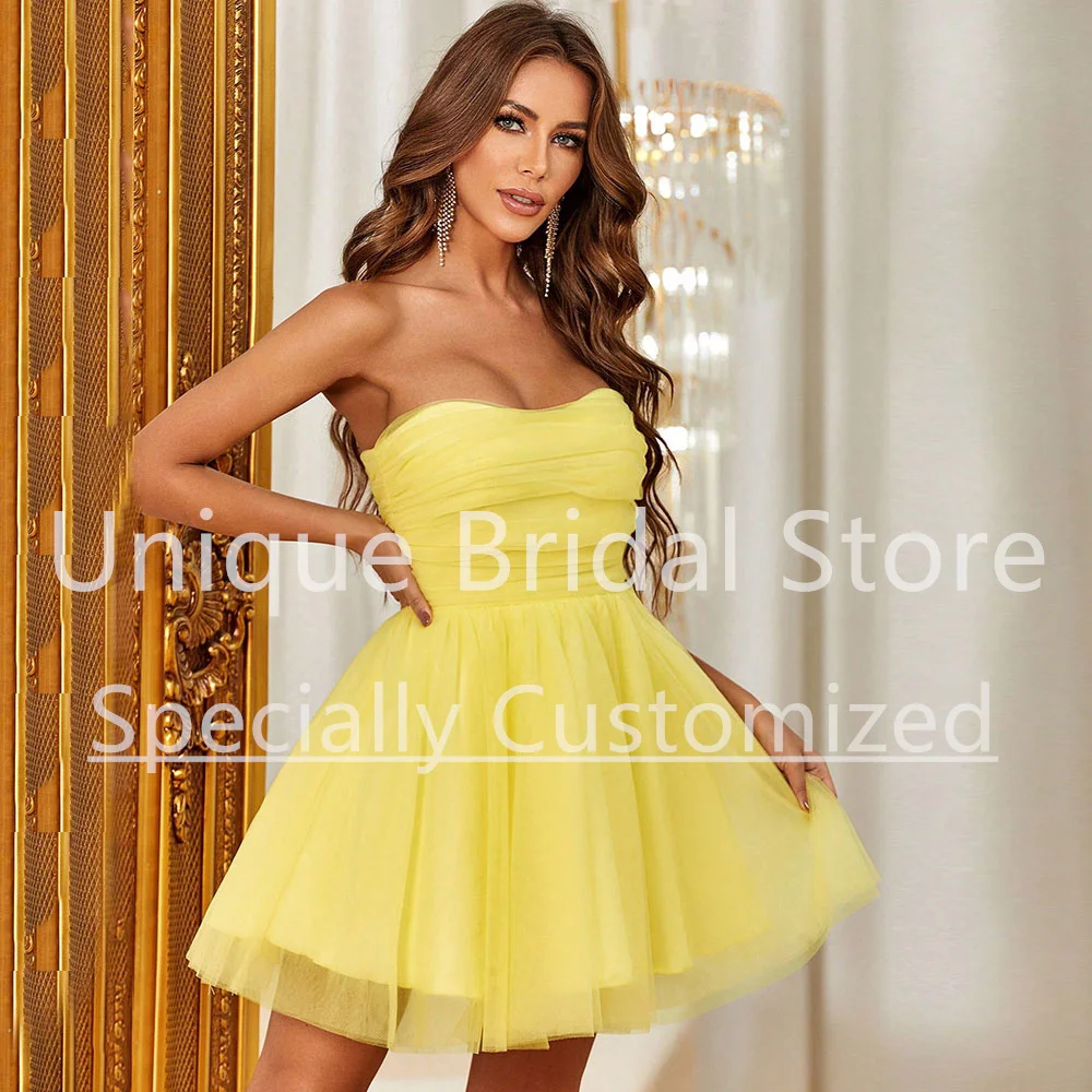 Amarelo curto vestido de baile tule querida plissado sem costas vestidos de festa voltar zíper mulher simples para mujer gala