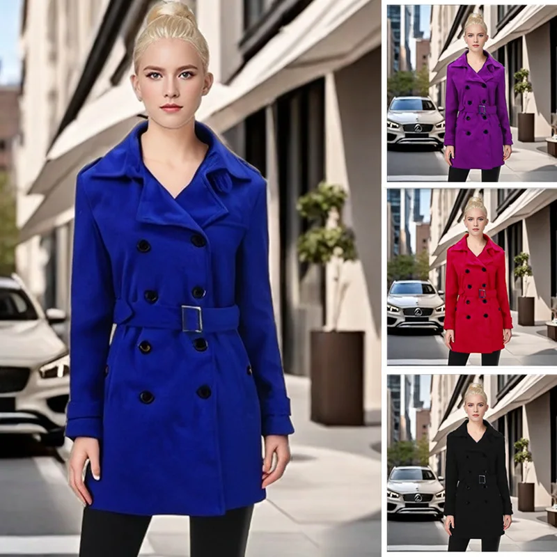 

New autumn and winter long woolen women's coat with waist and double breasted coat