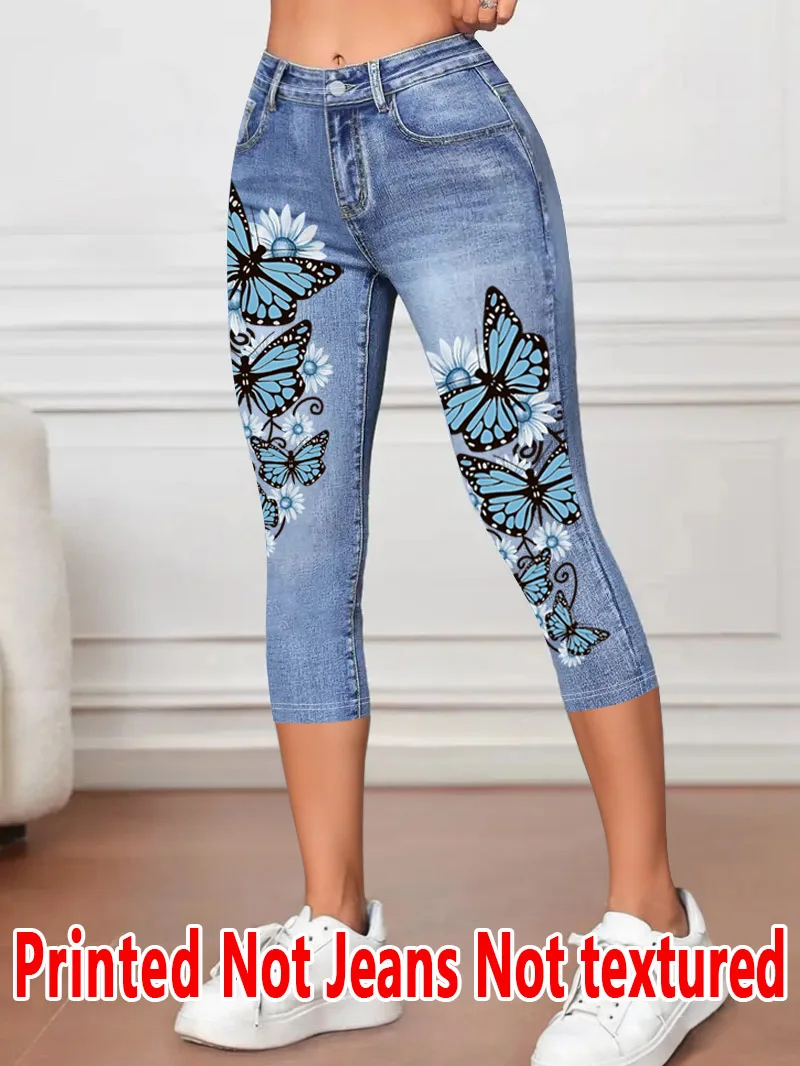 1344  Ladies Non- Denim Fabric Printed Tight Pants Seven-Quarter Length Butterfly Print Mock Denim Base Layer Trousers