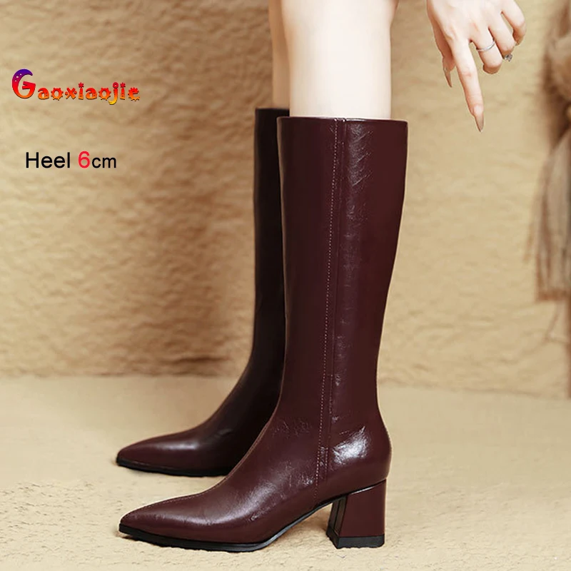 

Новинка 2023 года, женские сапоги до колена на высоком каблуке, удобные однотонные ботинки на толстом каблуке с острым носком, осенне-зимняя теплая женская обувь