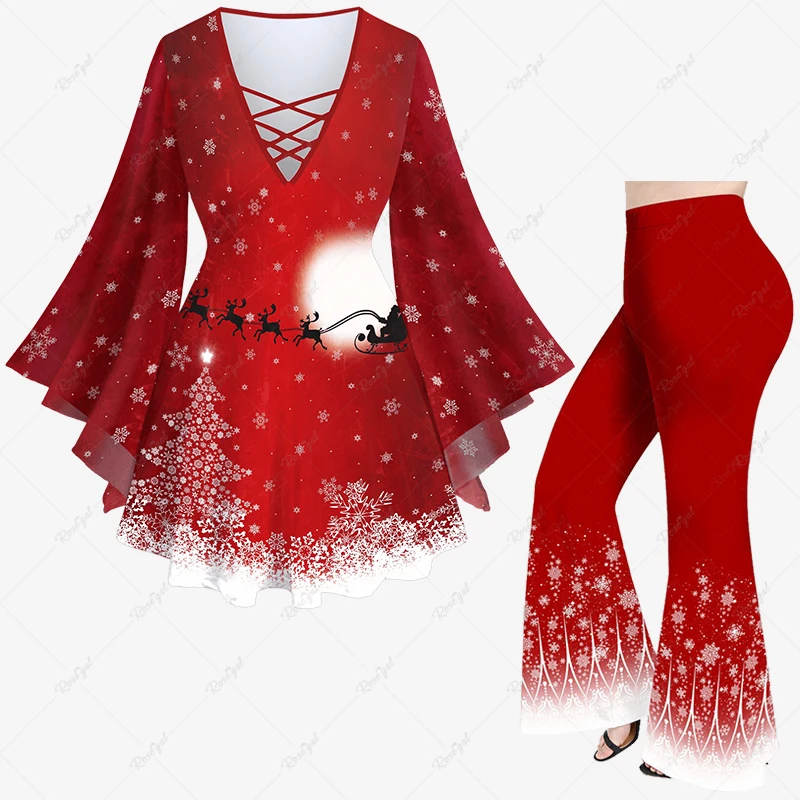 XS-6X Women\'s Matching Set Lattice T-shirt And Flare Pants Christmas Tree Santa Claus Elk Snowflake Moon Glitter 3D Print Suit