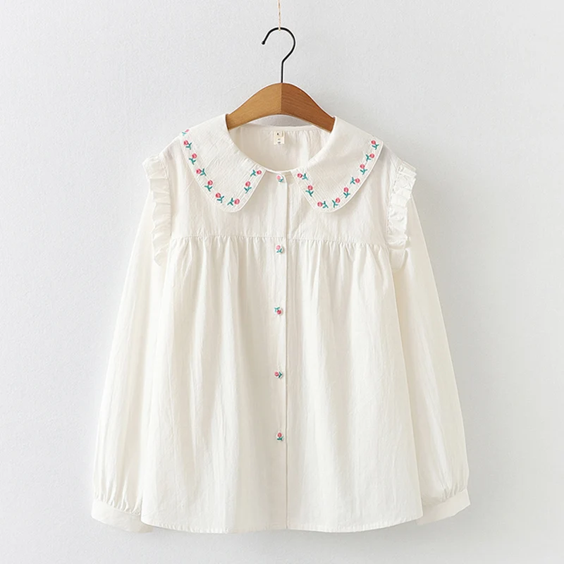 Spring Casual Sweet White Long Sleeved Shirt Women Peter Pan Collar Cotoon Loose Embroidery Flower Female Blouse Tops U260