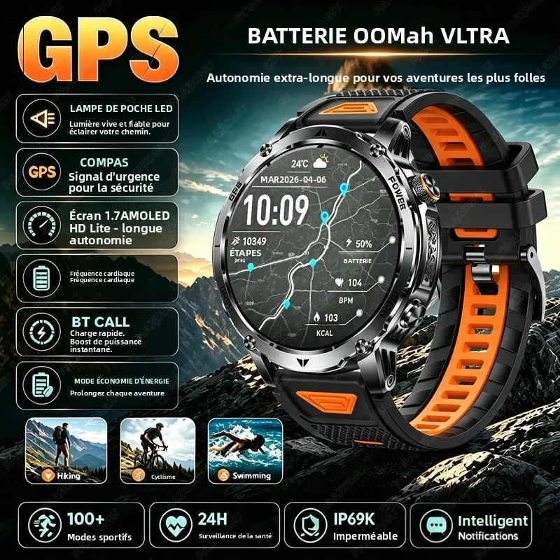 Montre connectée militaire GPS pour hommes, batterie de grande capacité 1100mAh, lampe de poche + boussole SOS, appel Bluetooth, montres de sport étanches 10ATM