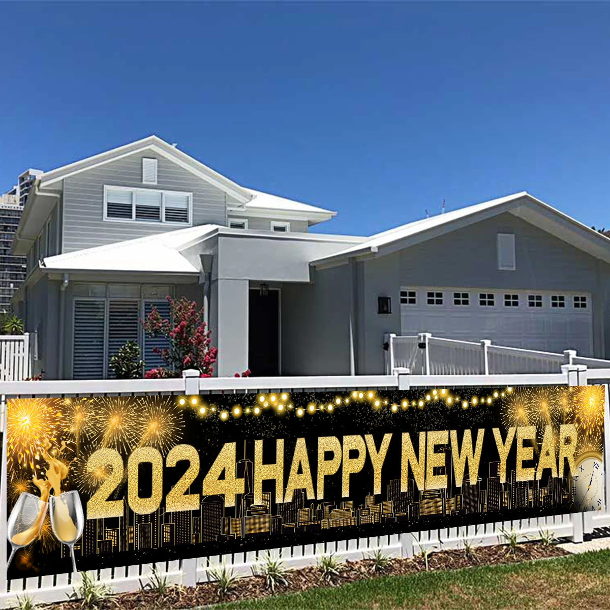 

2024 Happy New Year Hanging Banner Flag Black Gold New Year Background Decoration Christmas Party Gifts New Year Party Suppies