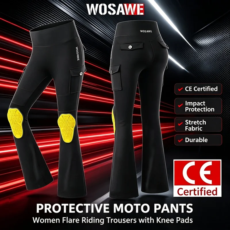WOSAWE Women Motorcycle Flare Pants With Built‑in Knee Protective Pads Butt Lifting Stretch Moto Trousers Fashion Streetwear Leg