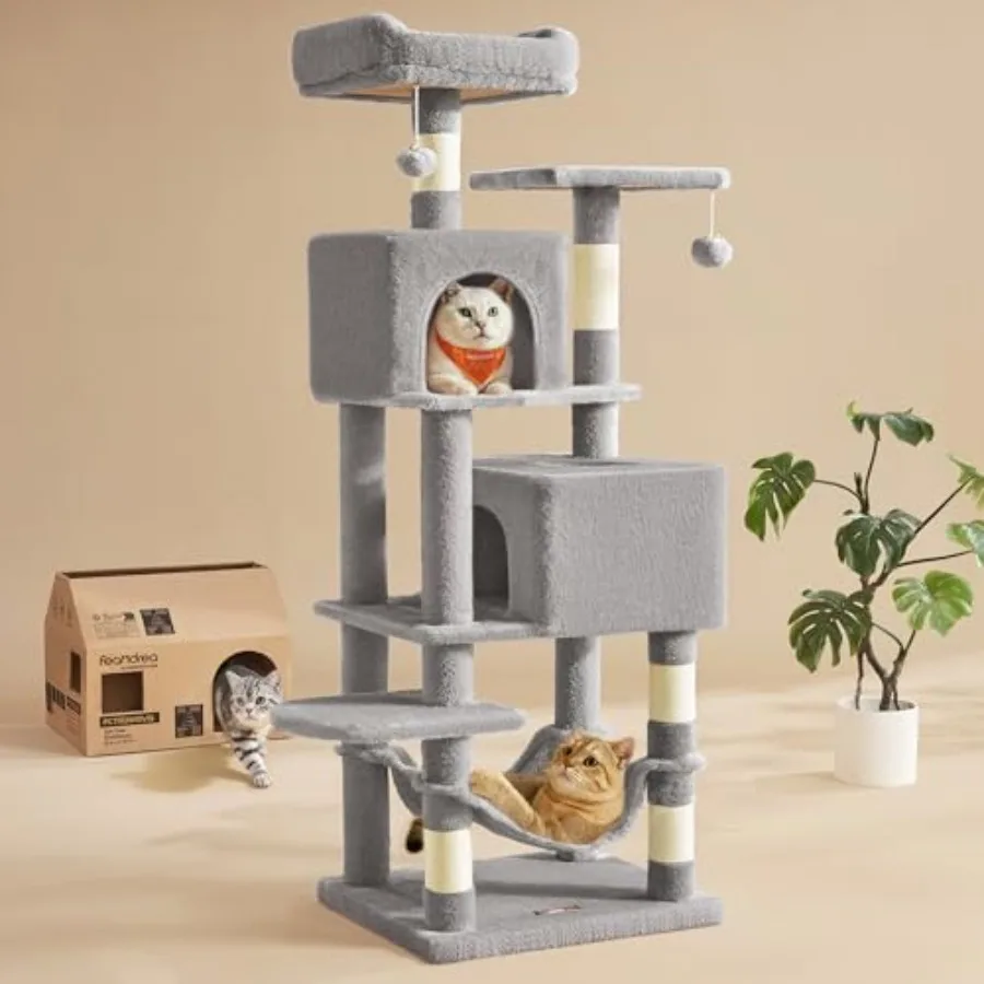 

Cat Tree 59.5-Inch Tall Cat Tower Plush Multi-Level Condo with 5 Scratching Posts 2 Perches 2 Caves Hammock 2 Pompoms Light Gra