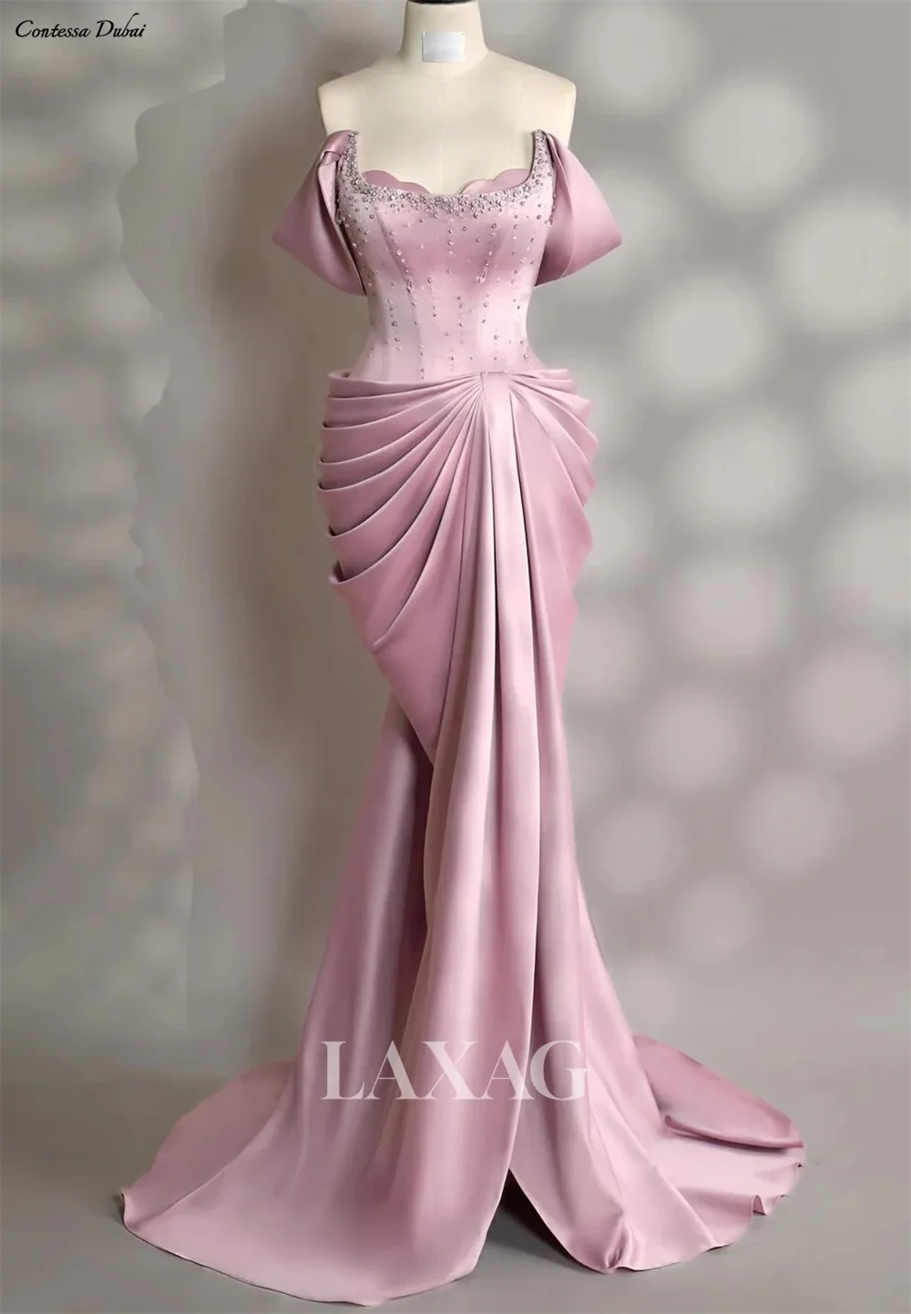 

Contessa Custom Pearl Satin Mermaid Evening Dress Formal Gown Corset Puff Sleeve Prom Party Wedding Guest Sexy