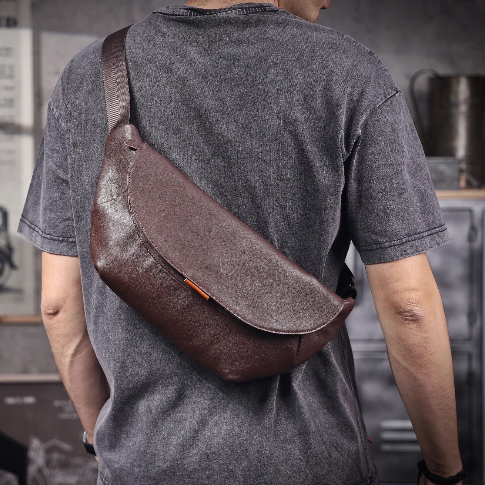 S.WORKER Herren-Umhängetasche aus echtem Leder, Umhängetaschen, einfache Rindsledertasche, pflanzlich gegerbtes Oberschichtleder, modisch, lässig – Detail 4