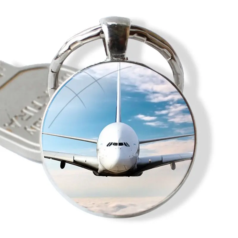 Keychain Glass Cabochon Metal Pendant Classic Men's Women's Keyring Aircraft Airplane fly travel cloud Plane