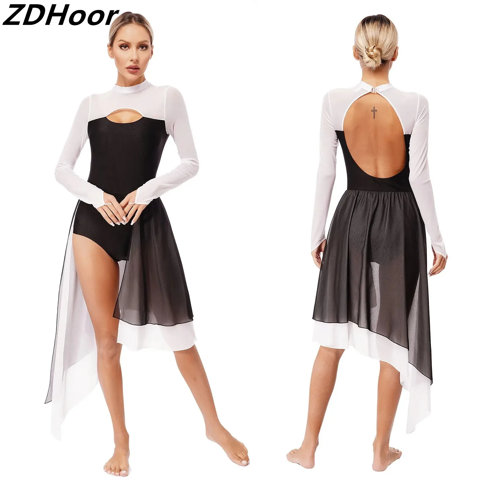 

Womens Irregular Lyrical Dance Dresses Cutout Backless Sheer Mesh Long Sleeve Leotard Dress for Stage Performance Competition