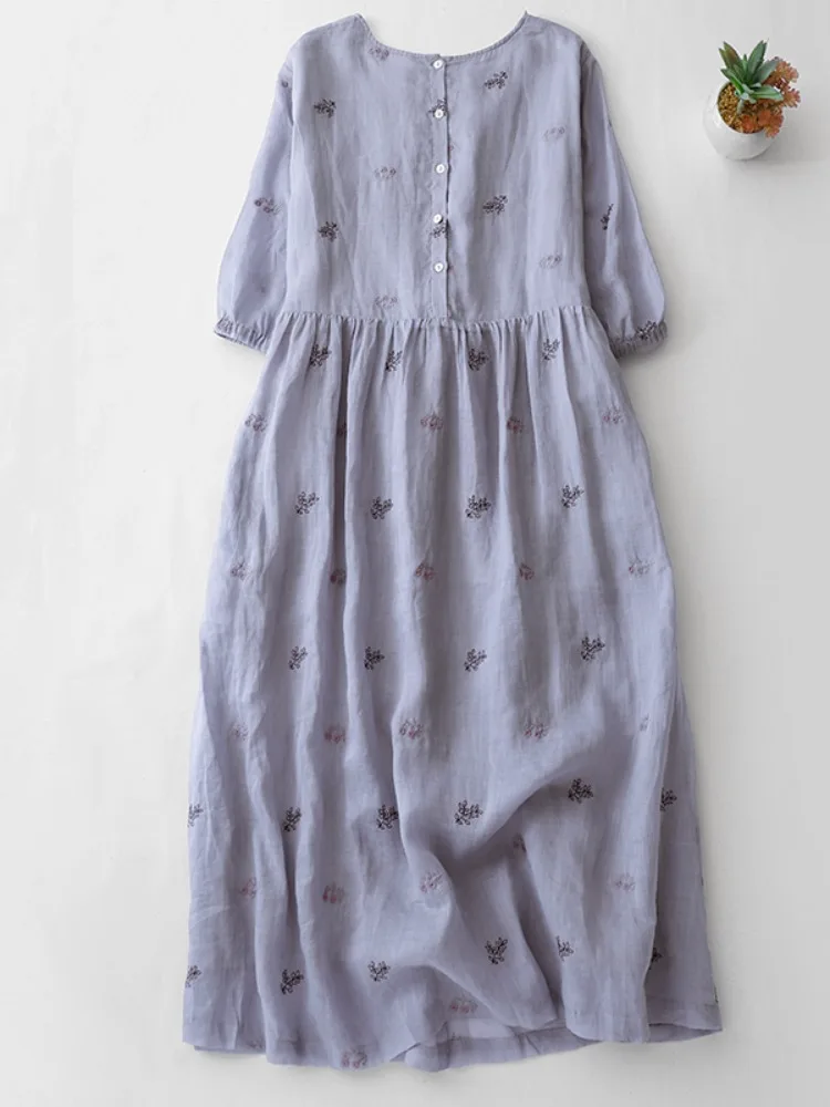 Ele Geborduurde Bloemen Hennep Dr Dames Zomer Afslanken Lange Katoenen Linnen Rok Grote Schommel Ronde Ne A-lijn Dr