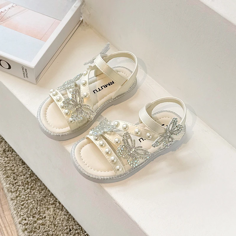 Girls Rhinestone Princess Sandals with Butterfly-knot Fashion Kids Pearls Gladiator Sandals Children Summer Beach Shoes 2024 New