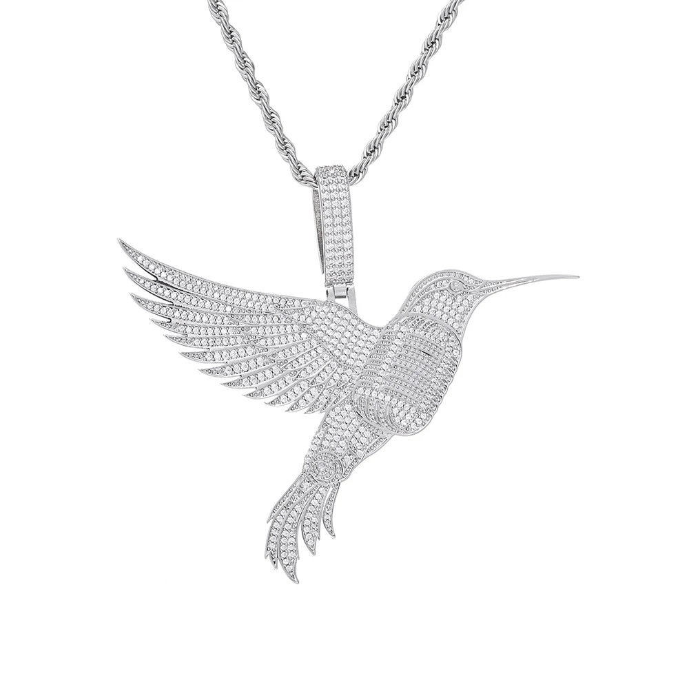 Iced Out Hummingbird Pendant Necklace Silver Plated Micro Pave Zircon Hip Hop Jewelry With Rope Chain Party Daily Men Women Gift