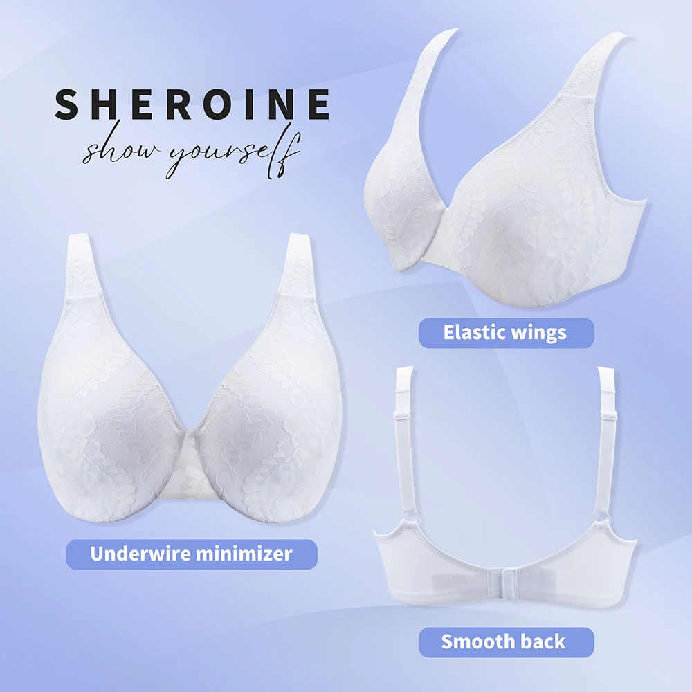 Sheroine Plus Size Minimizer BH, Bloemenkant Ultradunne beugel Niet-gewatteerde volledige cup-lingerie voor dames, ondersteuning en comfort