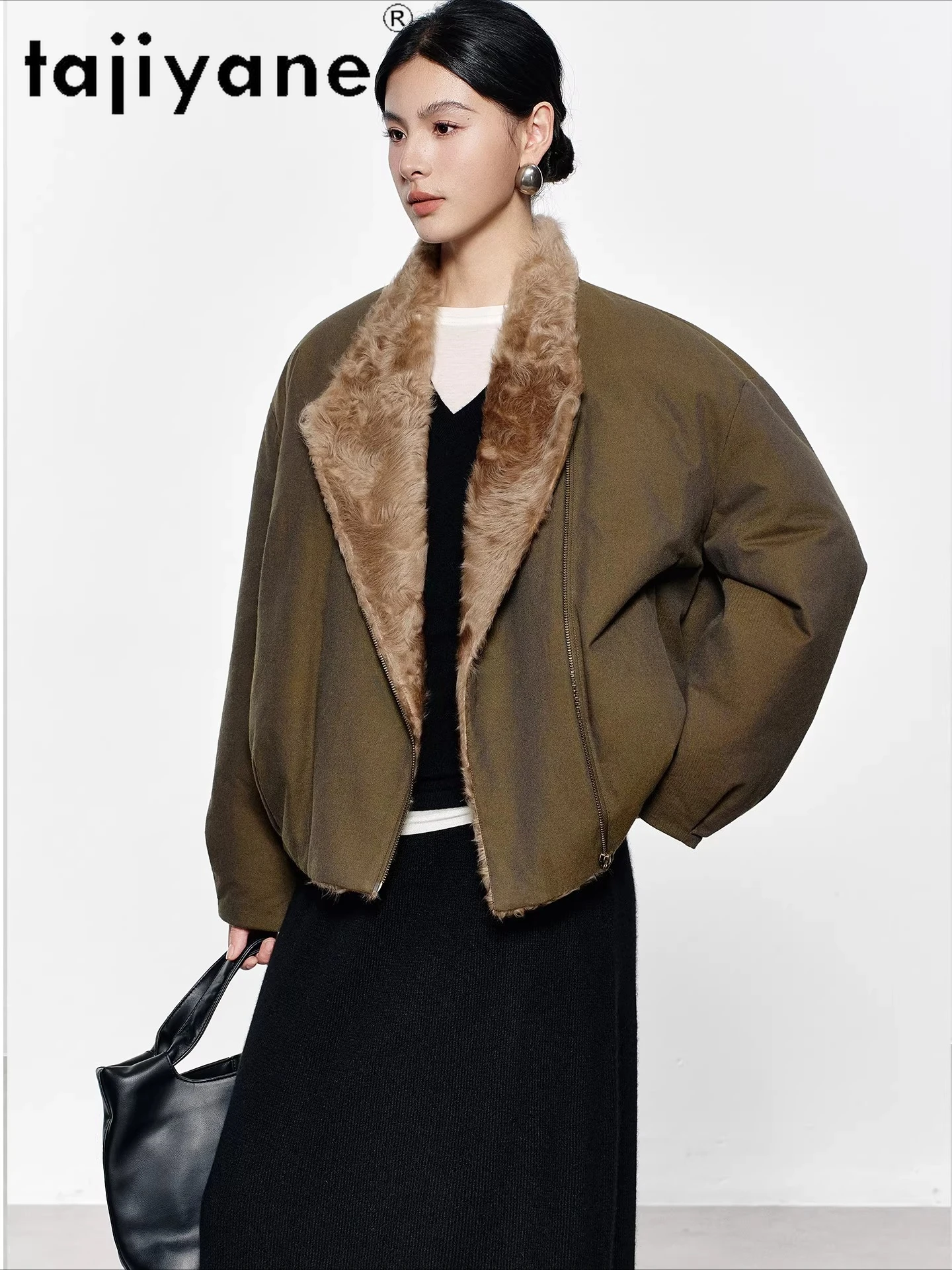 Tajiane casacos e parkas femininos, jaqueta merina com gola de pele de ovelha, jaqueta curta de penas de ganso, roupas femininas de inverno 2025