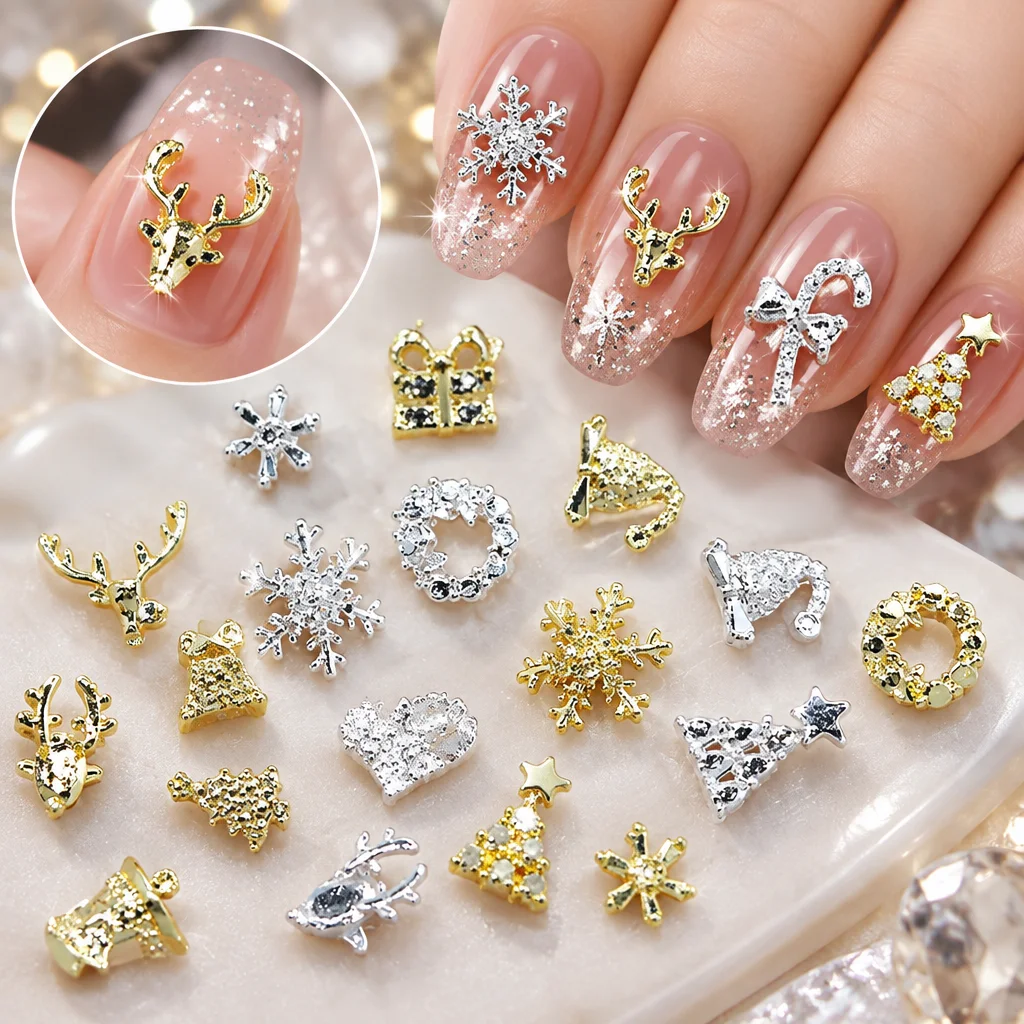 50pcs Gold Silver Christmas Alloy Nail Charms 3D Mixed Wreath Snowflake Bell Elk Xmas Tree Luxury Nail Rivet DIY Winter Nail Dec