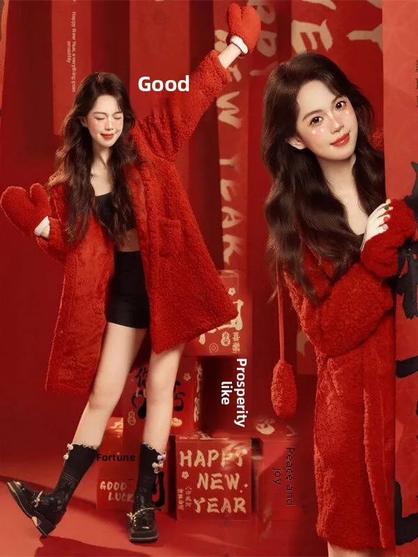 

Christmas New Year Theme Photography Studio Sweet Girl Sweater Red Stage Costume Polyester Fiber Women's Fashion