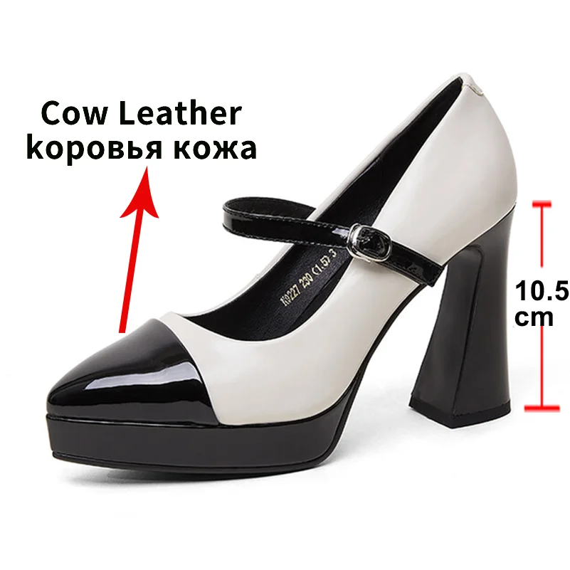 ANNYMOLI Women Genuine Leather Pumps High Hoof Heels Pointed Toe Mary Janes Buckle Mixed Colors Party Spring Autumn Shoes Black