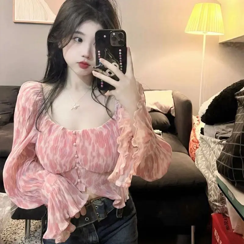 

Clothing Chiffon Women's Shirts and Blouses Frill Top for Woman Pink Ruffle Off Shoulder Crop Trend 2024 Cool Fashion Y2k Tunic