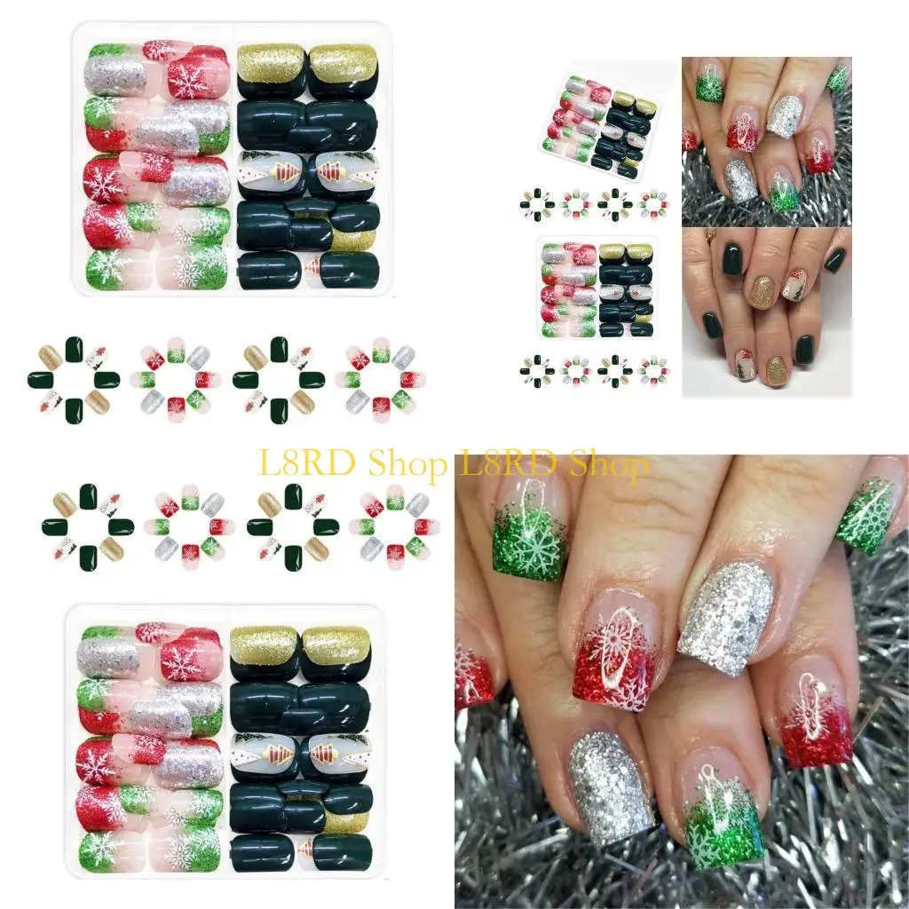 L8RD 48 Pcs Christmas Tree False Nails Green Press On Nails Full Cover on Nails
