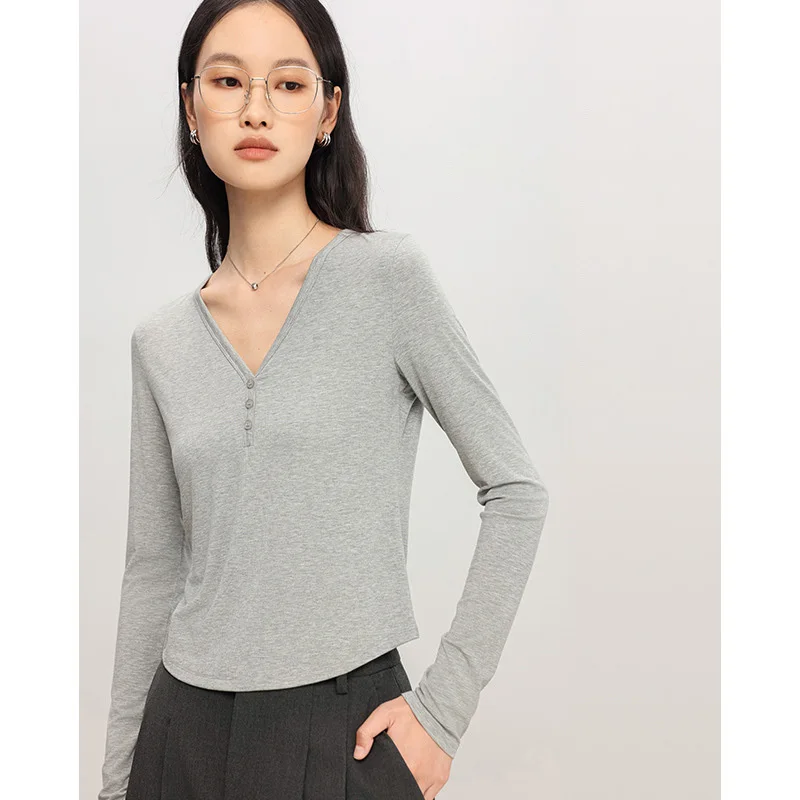 

Women V-Neck Button T-Shirt,Autumn Long Sleeve Slim Soft 6% Silk Solid Color Bottoming Tops