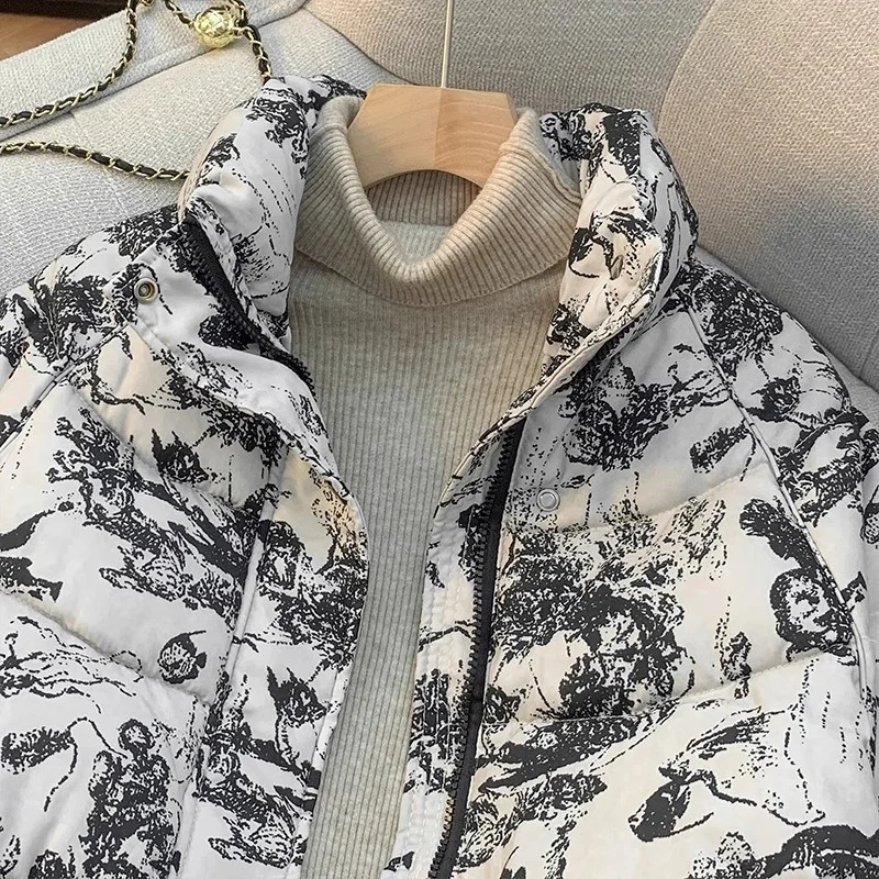 レディース 2025 冬物 大きいサイズ ショート丈 コットン服 プリント柄 長袖 ゆったり カジュアル 防風 ブレッドジャケット パーカー トップス w959
