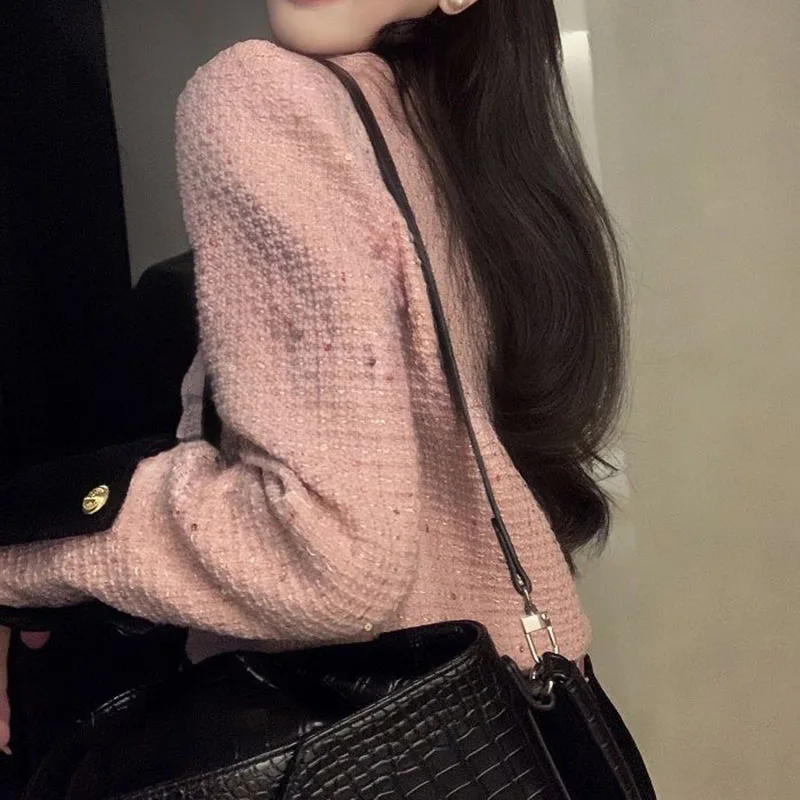 Elegant Womens Tweed Cropped Tops Korean Fashion Short Jackets Slim Vintage Coats Sweet Chic Outwear Spring Casual Chaquetas New