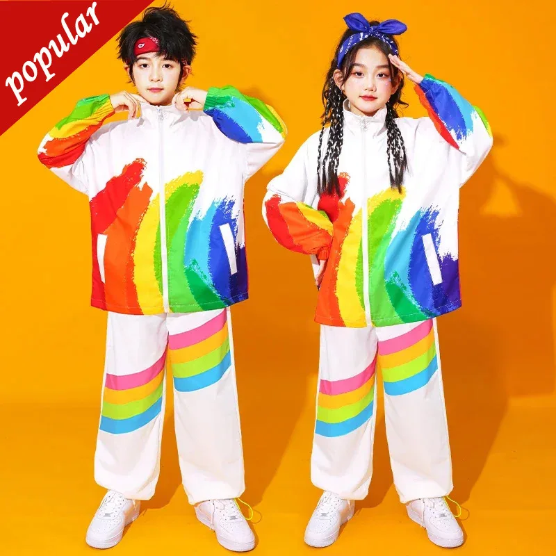 

Boys Hip Hop Rainbow Graffiti Jacket Street Dance Pants Girls K-pop Coat Clothes Sets Kids Streetwear Child Jazz School Unifoms