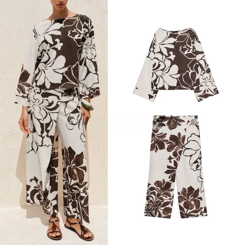 طقم ملابس نسائي عصري مطبوع عليه زهور برقبة دائرية وأكمام طويلة وواسع مع بنطلون طويل للخريف ملابس كاجوال للبالغين
