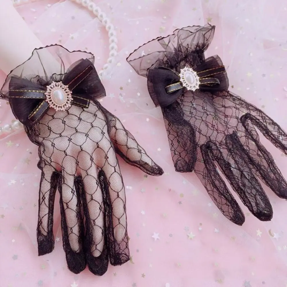 Gothic Black White Lace Gloves Ruffle Edge Flower Pattern Mesh Gloves Bow Soft Elastic Hollow Out Gloves Wedding Party