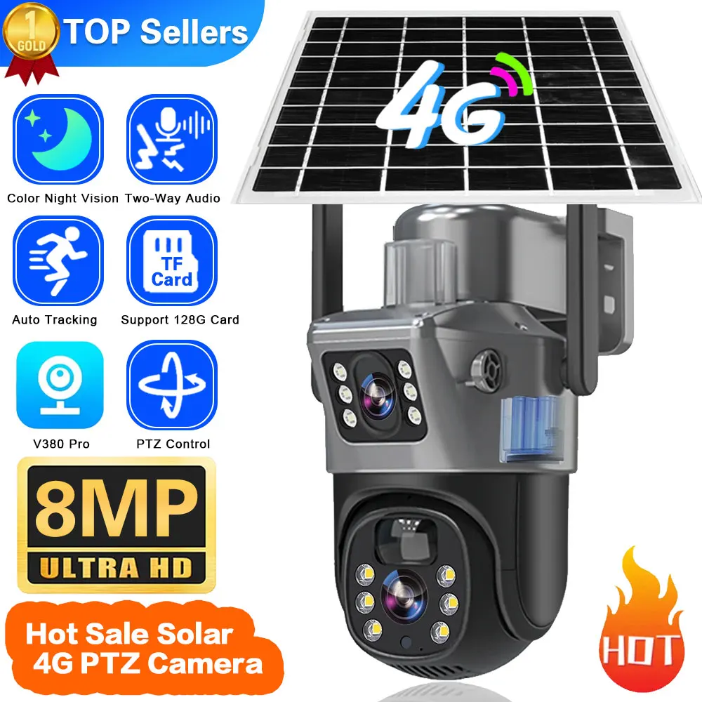 

4G SIM Card Solar CCTV Camera PTZ Outdoor Tracking Wireless 4K 8MP Full Color Bidirectional Call CCTV Security Camera V380 Pro