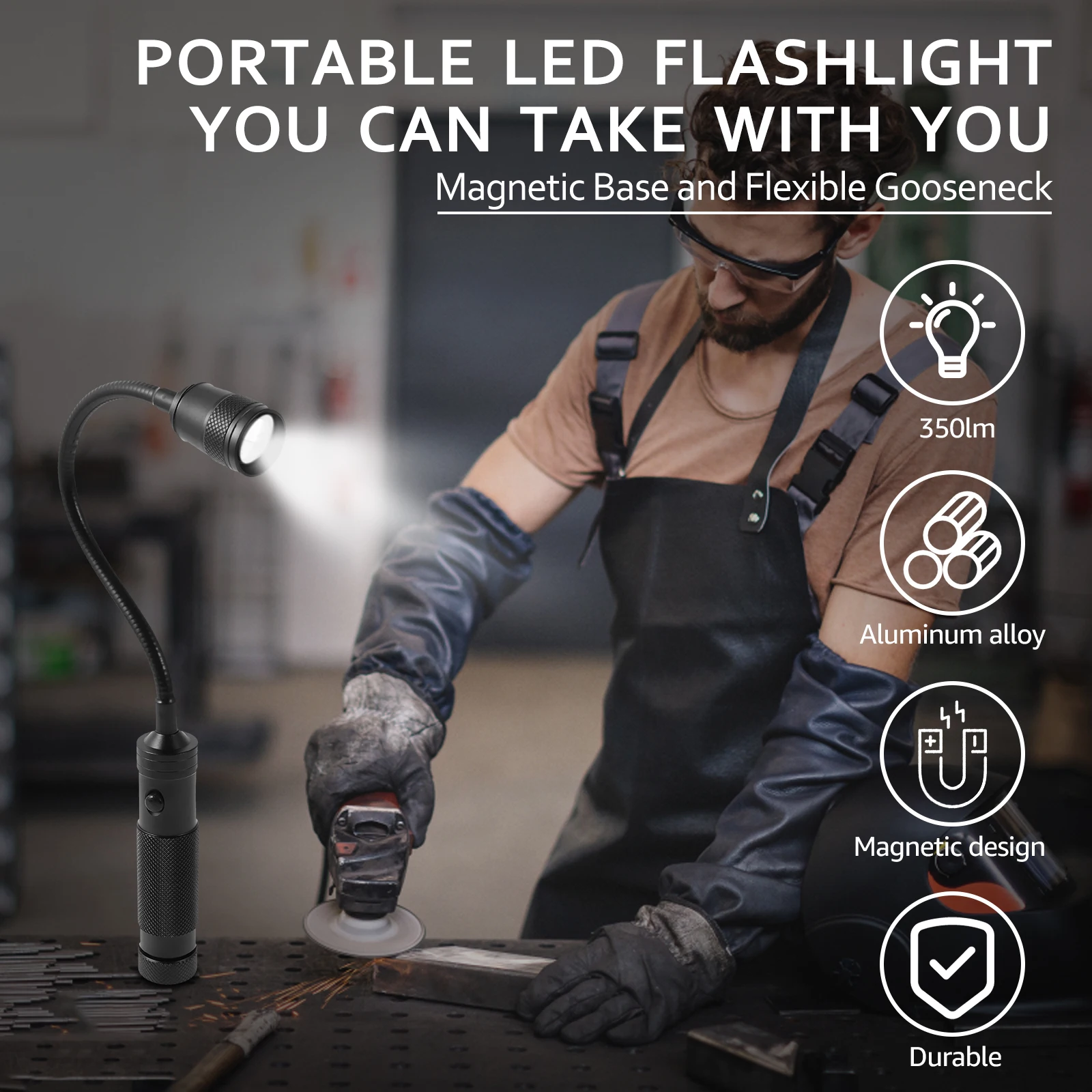 350lm Flexible Flashlight LED Work Light Adjustable Zoomable Camping Light Rechargeable Job Site Light Portable LED Flashlight