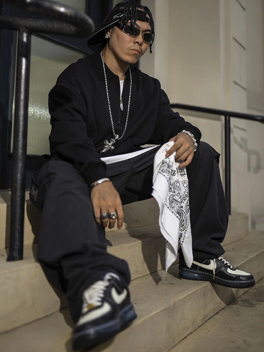 

BLACUL Basic Embroidered Long Sve irt Loose Fit Casual Hip Hop T-irt Autumn Breathable Polyester Cotton Blend