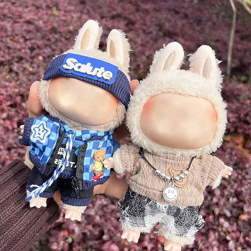 Simpatici mini vestiti per bambole di peluche Solo abiti Accessori di abbigliamento per bambole Labubu da 17 cm Maglione con cappuccio Abbigliamento Regali per bambini fai da te