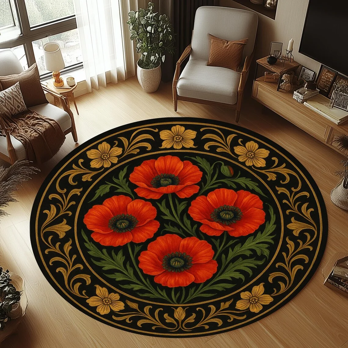 Red Poppies Round Rug, Floral Round Carpet, Floral Round Rug, Flowers Pattern Round Carpet, Flowers Round Rug, Flowers Round Rug