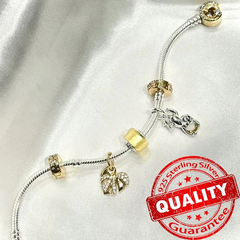 Luxury 925 Sterling Silver Sparkling Monstera Leaf & Two-tone Spinning Wheels Bicycle For Gold Dangle Charm Fit Brand Bracelet