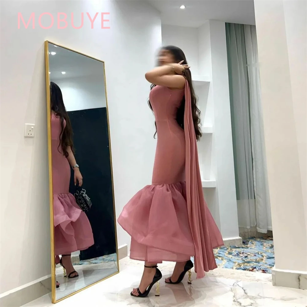 MOBUYE 2024 Arab Dubai One Shoulder Prom Dress Short Sleeves With Ankle Length Evening Fashion Elegant Party Dress For Women