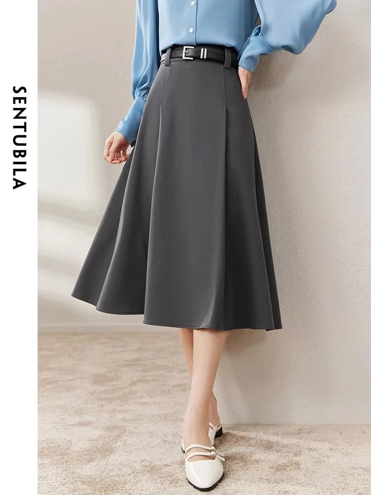 SENTUBILA Elegant Gray Pleated Midi Skirt for Women 2024 Autumn Spring Ladies A-Line Umbrella Skirts with Leather Belt 133Q49279