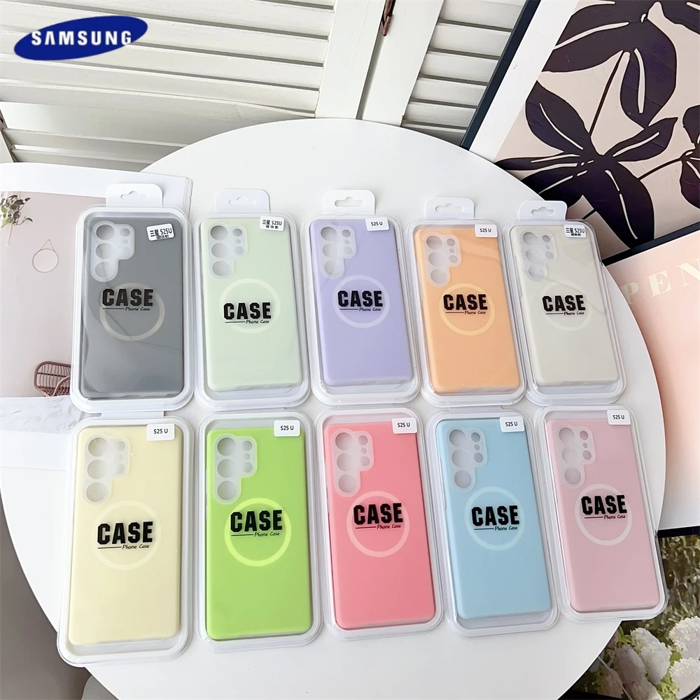 حافظة مغناطيسية فاخرة من السيليكون السائل غير اللامع لهاتف سامسونج جالاكسي S25 S23 S24 Ultra Plus FE لغطاء ممتص الصدمات Magsafe مع صندوق