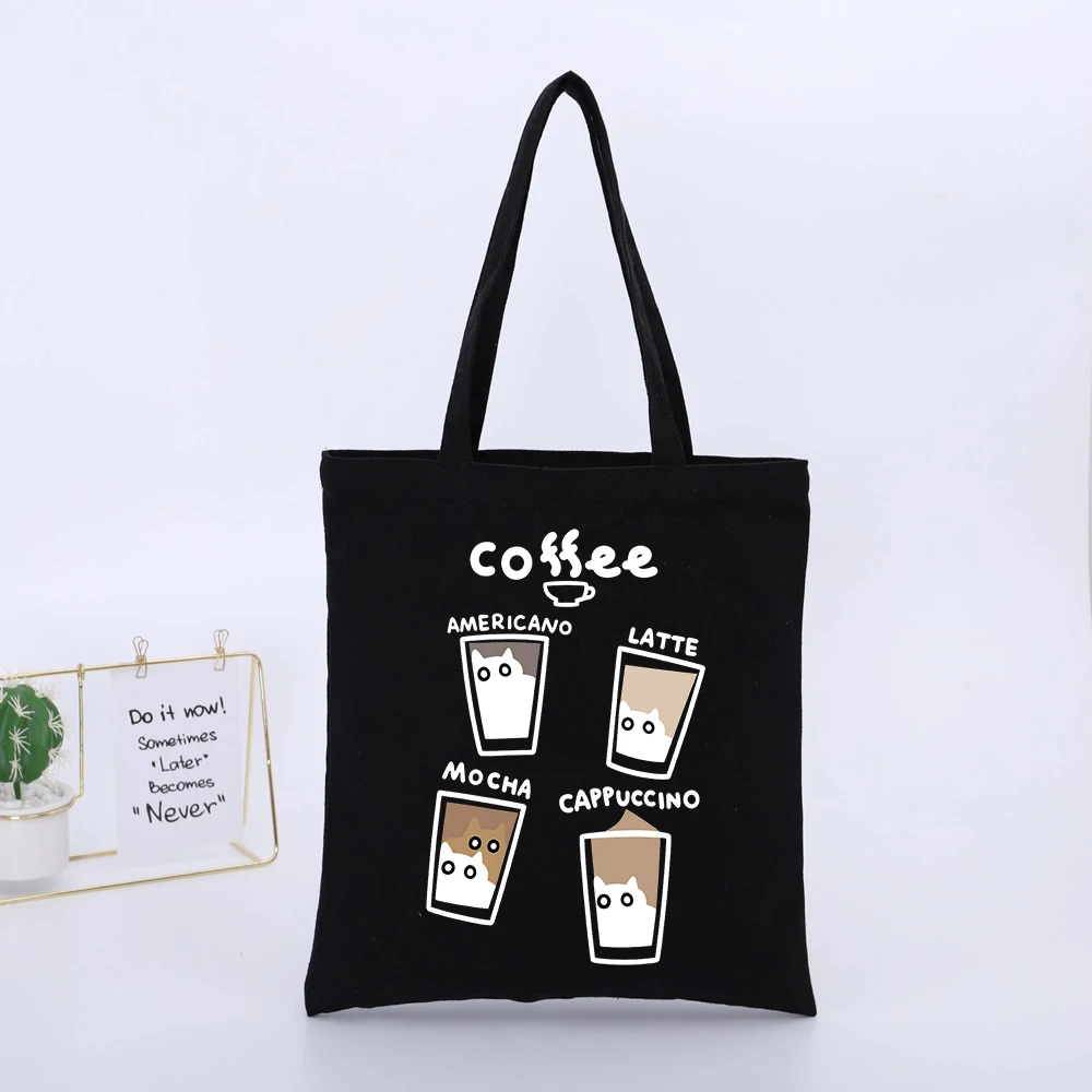 Coffee Themed Canvas Tote Bag with Animal and Typography Print, Casual Style for Daily Shopping