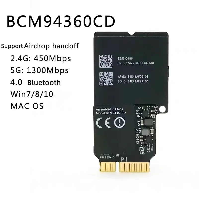 Dual Band WiFi Card 2.4GHz/5GHz BT 4.0 Broadcom BCM94360CD Wireless Module For Apple Hackintosh Mac OS