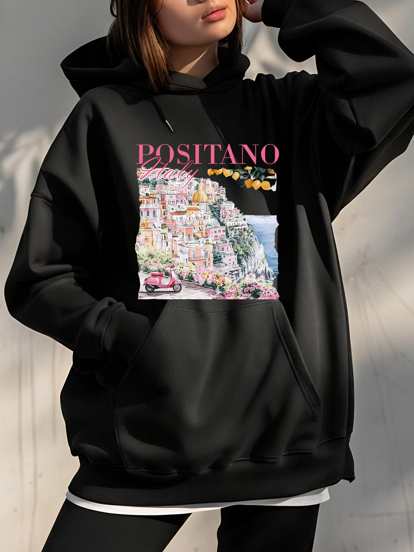 

Женская черная толстовка с капюшоном Positano, итальянская толстовка с принтом, повседневная уличная одежда, модный пуловер с капюшоном и графикой для женщин