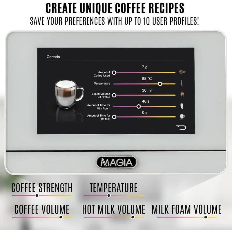 Magia Fully Automatic Espresso Machine With Grinder - 19 Customizable Coffee Options - Includes Insulated Milk Container