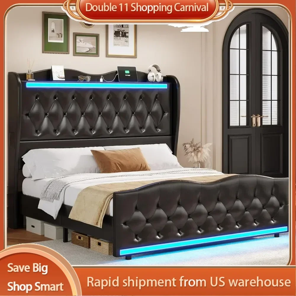 LED Bed Frame Queen Size with Tall Headboard Footboard, Charging Station, PU Leather Upholstered Platform, Storage Headboard