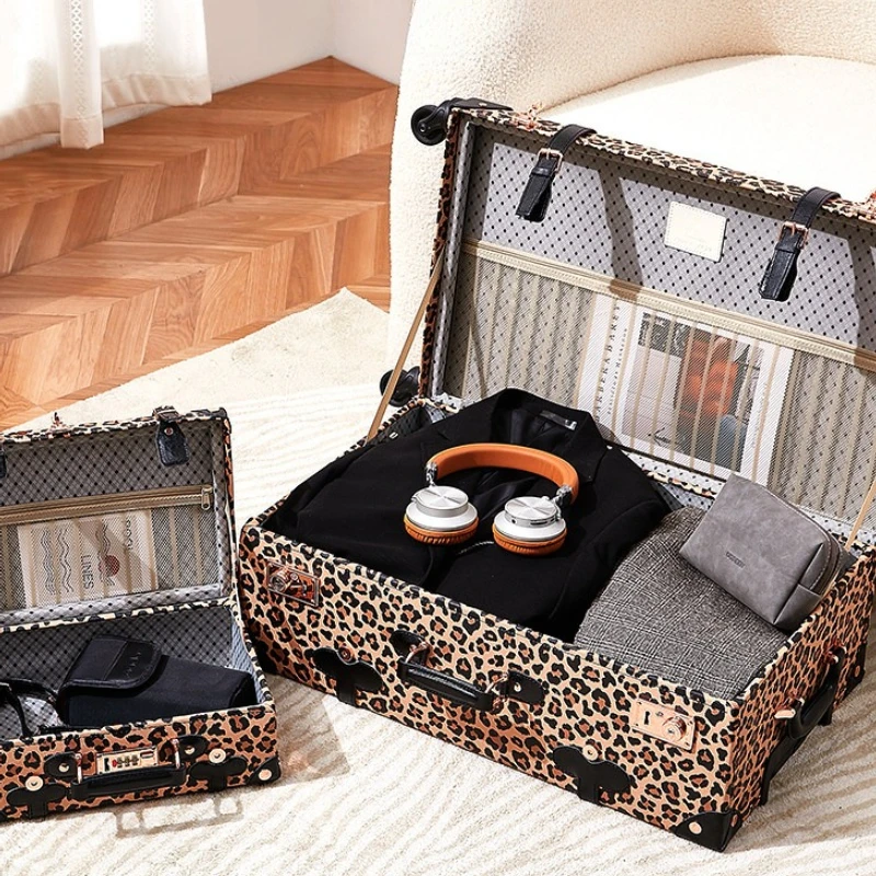 2026 New Vintage Leopard Print Rolling Luggage for Women,20 Inch Boardable Travel Suitcase,Password Lock Fashion Trolley Case