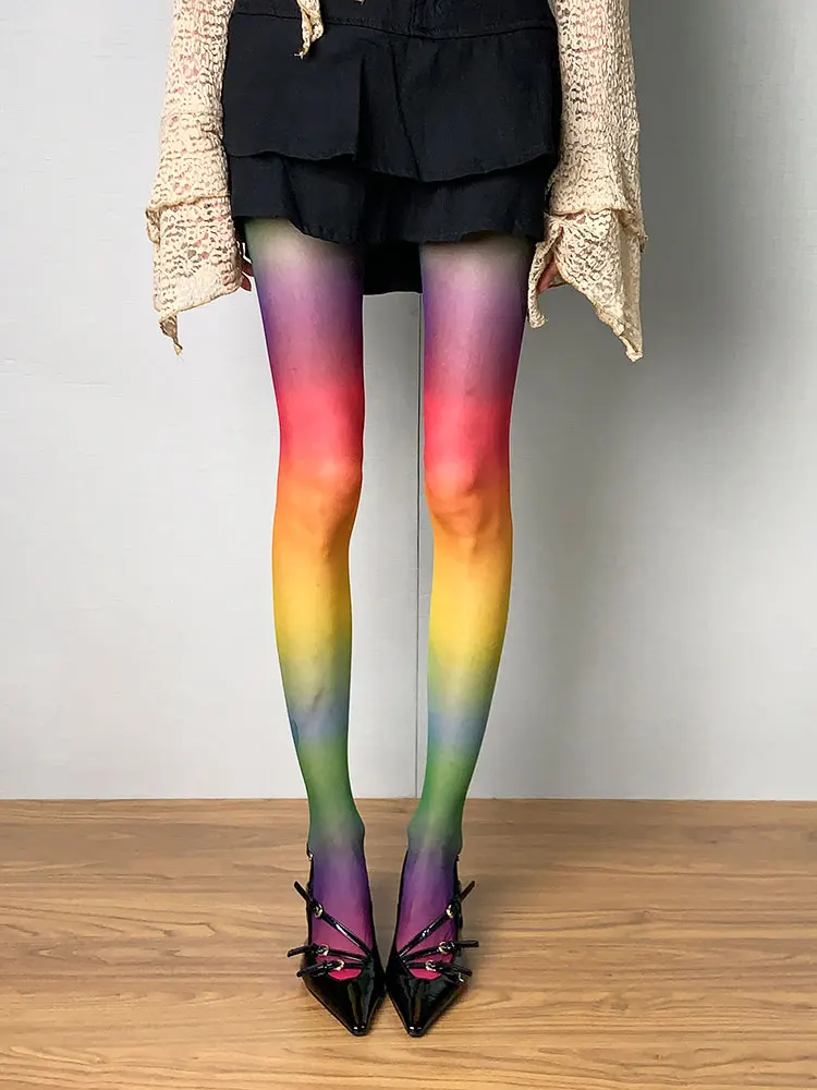 Women's Rainbow Gradient Sheer Tights High Waist Stretch Pantyhose Colorful Y2K Stockings for Music Festival Party Club Outfit