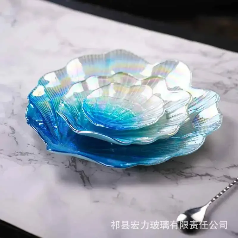 Creative colorful glass shell plate, household ion-plated ocean fruit plate, European tray, snack ornament plate