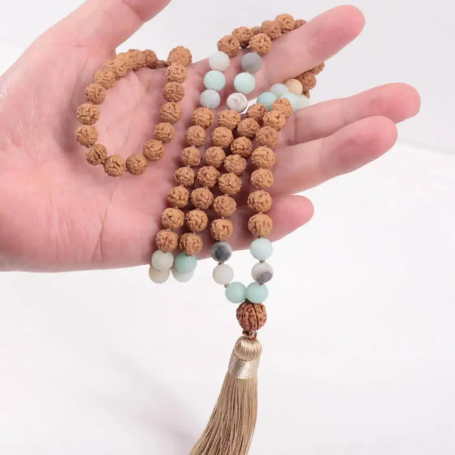 Natural Rudraksha 108 Beads Mala Necklace with Amazonite & White Jade Spacers view 4