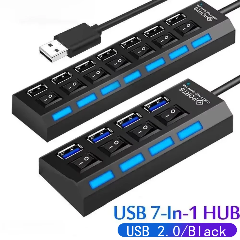 Концентратор USB 2.0 USB-концентратор 2.0 Multi USB Multiple Expander 4/7-портовый переключатель Multi USB-разветвитель-концентратор с концентратором ВКЛ/ВЫКЛ Использование питания для компьютера