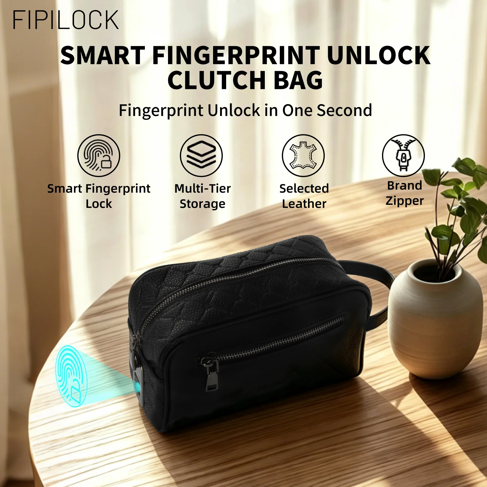 FIPILOCK Clutch Bags Handbags for Men and Woman with Smart Fingerprint Unlock Anti-thef Wallets Envelope Bag Purse Business Male
